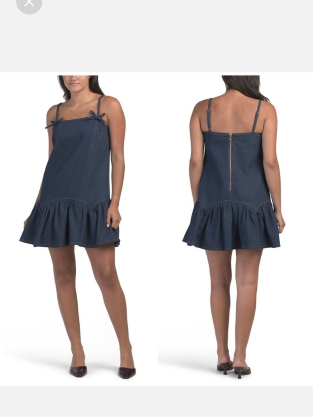 Avec Les Filles Navy Denim Bow-Shoulder Ruffle-Hem Lined Dress